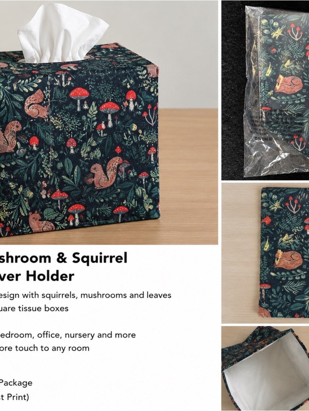 Woodland Mushroom & Squirrel Tissue Box Cover Holder NWOT